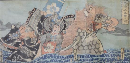 A Japanese woodblock triptych of a samurai, 19th century, 35cm x 71cm